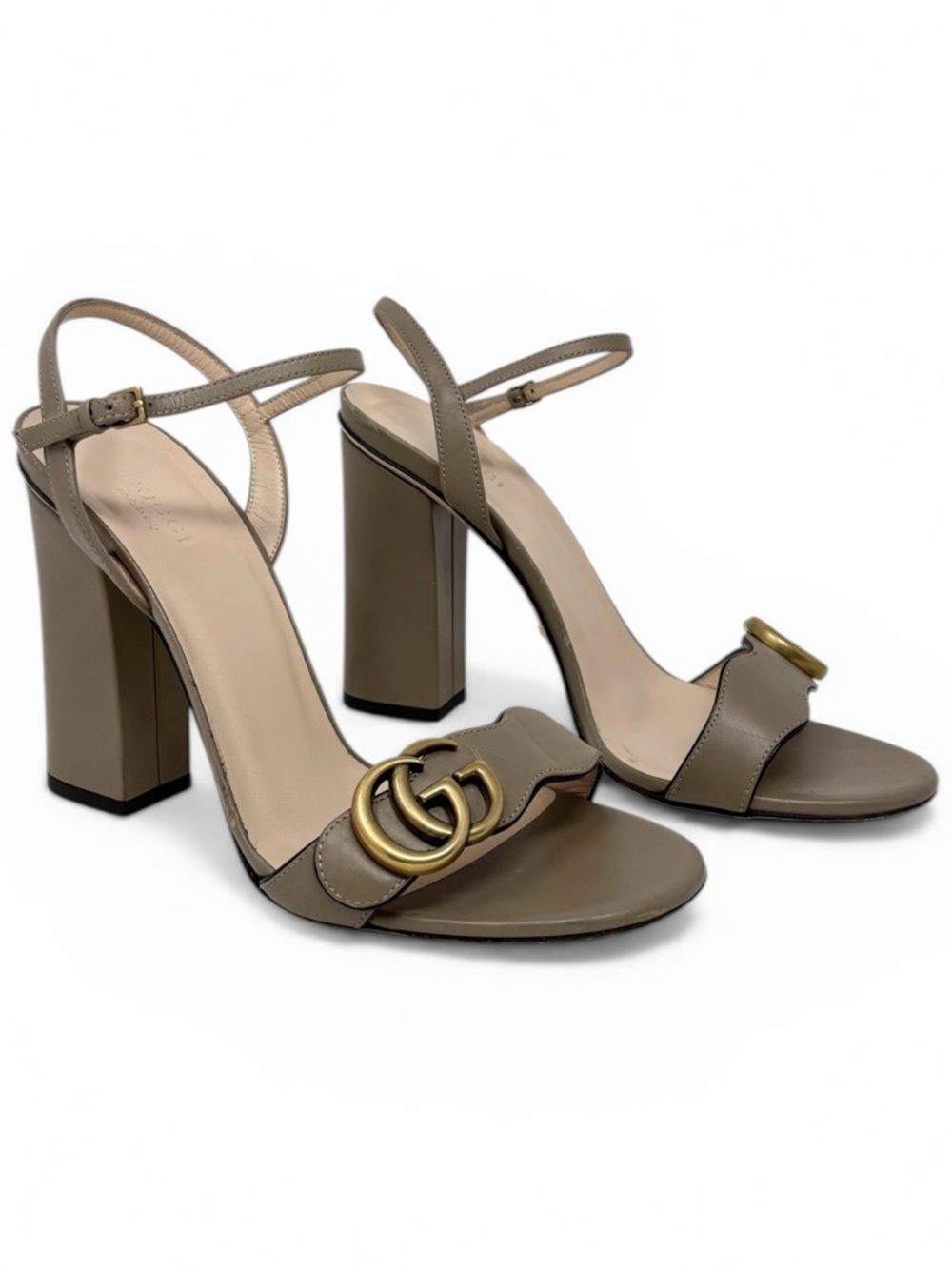 Gucci Marmont GG Logo Leather Block Heel Sandals Taupe Beige Size 39 / US 9